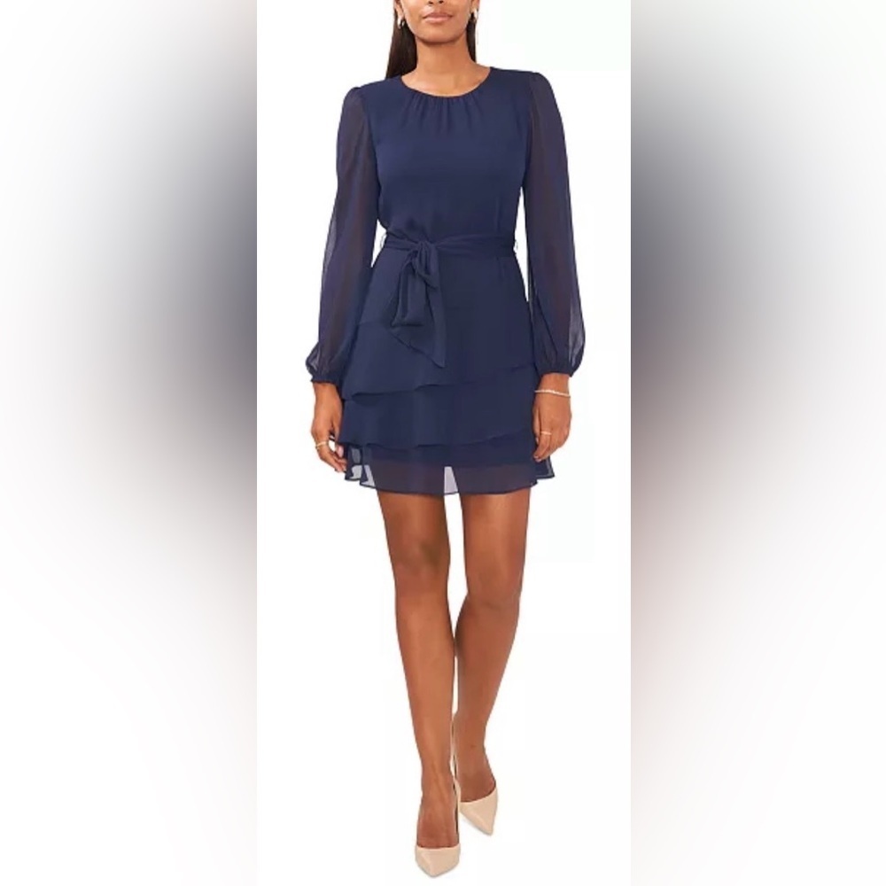 MSK Petite Long-Sleeve Tie-Waist Ruffled Mini Dress (00016)